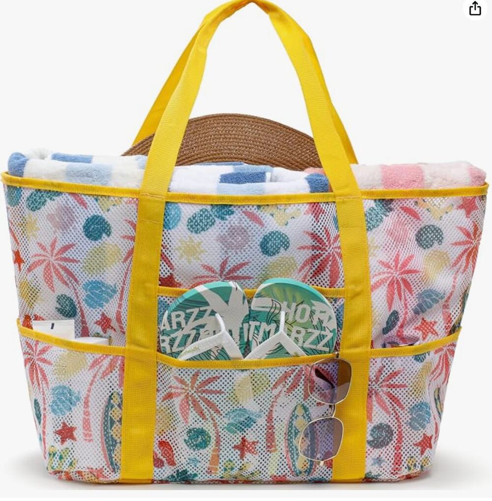 Large Mesh Family Beach Bag, Tote Bag for Beach Pool Cruise- Yellow Beach